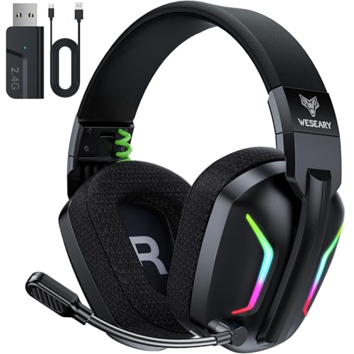WESEARY WG1 Cuffie Gaming Wireless, 2,4 GHz Cuffie Gaming con Microfono per PS5, PS4, PC, Switch, Mac, Mobile, Cuffie per PS5 con Stereo, Cuffie Bluetooth Over Ear con Luce LED, Batteria da 50 Ore