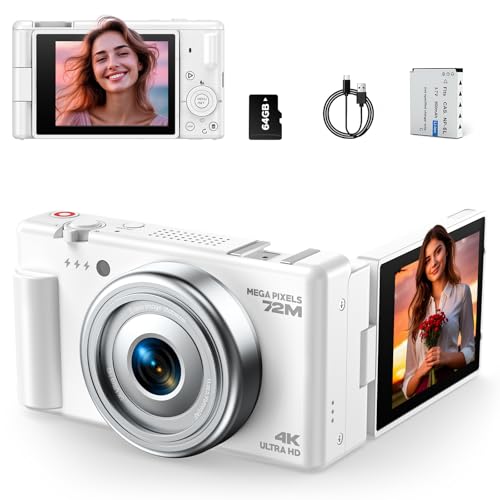 Fotocamera Digitale 4K, 72MP Autofocus Macchina Fotografica Digitale per Vlog con scheda da 64 GB Zoom Digital 18X, Fotocamera Compatta con schermo ribaltabile da 2,8'' a 270° per Principianti