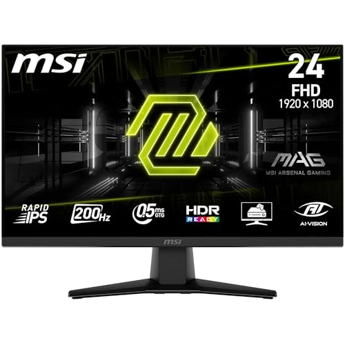MSI MAG 242F Monitor Gaming da 24" - FHD (1920x1080), Rapid IPS, 200Hz, 0.5ms, HDR Ready, AMD FreeSync Premium, Eye Care, HDMI 2.0b, DP 1.2a, Senza Cornice, Inclinabile, Montaggio VESA - Nero
