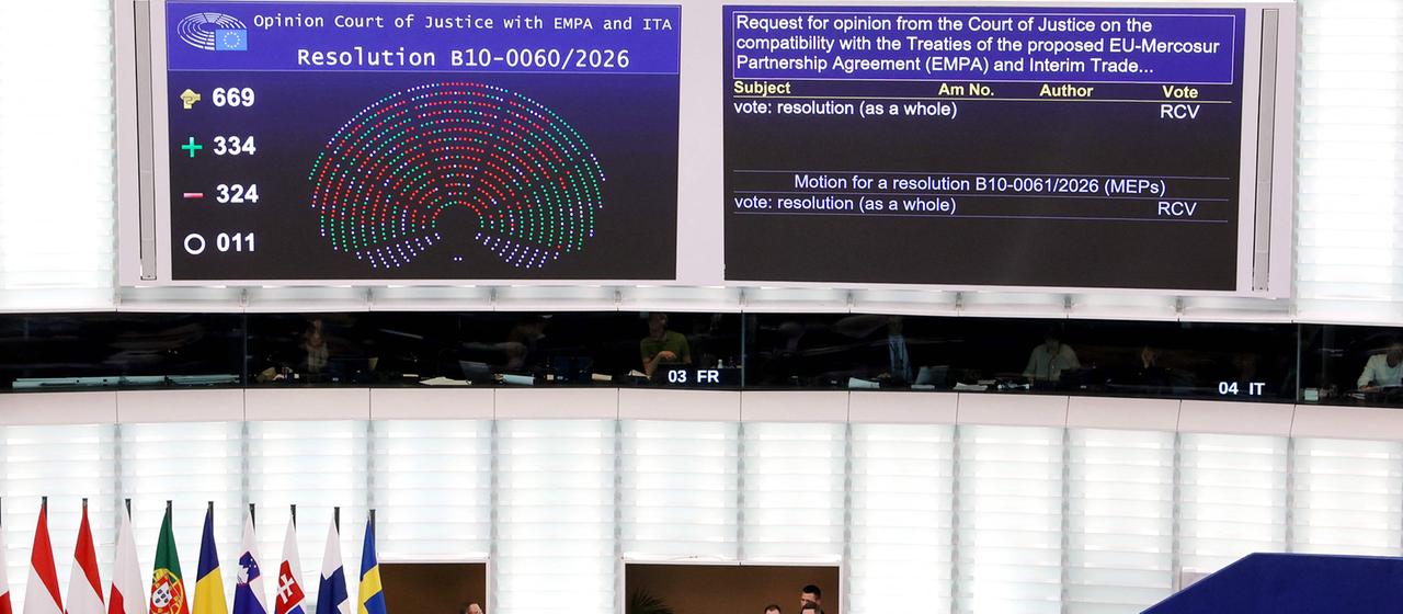 Bildschirme, auf denen die Ergebnisse der Abstimmung über die rechtliche Überweisung des Mercosur-Abkommens im Europäischen Parlament in Straßburg, Ostfrankreich angezeigt werden. 