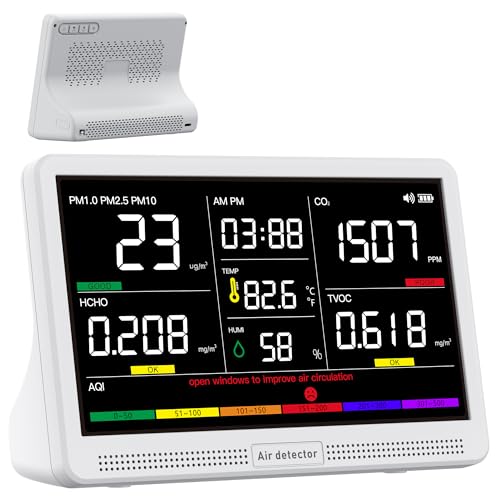 Monitor della Qualità dell'Aria Indoor 16-in-1 bonoch con Display da 7" - Misuratore di CO2, TVOC, PM2.5, PM1.0, PM10, HCHO, Temperatura, Umidità, AQI e Ora - Allarmi per 9 Parametri + 8 Avvisi AQI